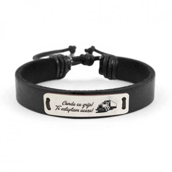 Bratara argint tablita 30 mm si piele - personalizata cu text